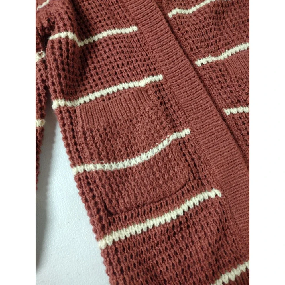Sweet Stories Girls Rust Red Striped Waffle Knit Hooded Cardigan Sweater 10/12 M